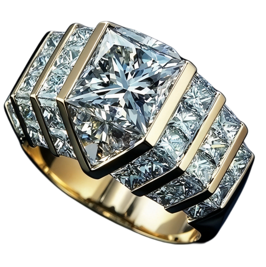 Square Cut Diamond Ring Gold Step Side Stones Luxury Eternity Jewelry Gift Unisex Design For Men And Women