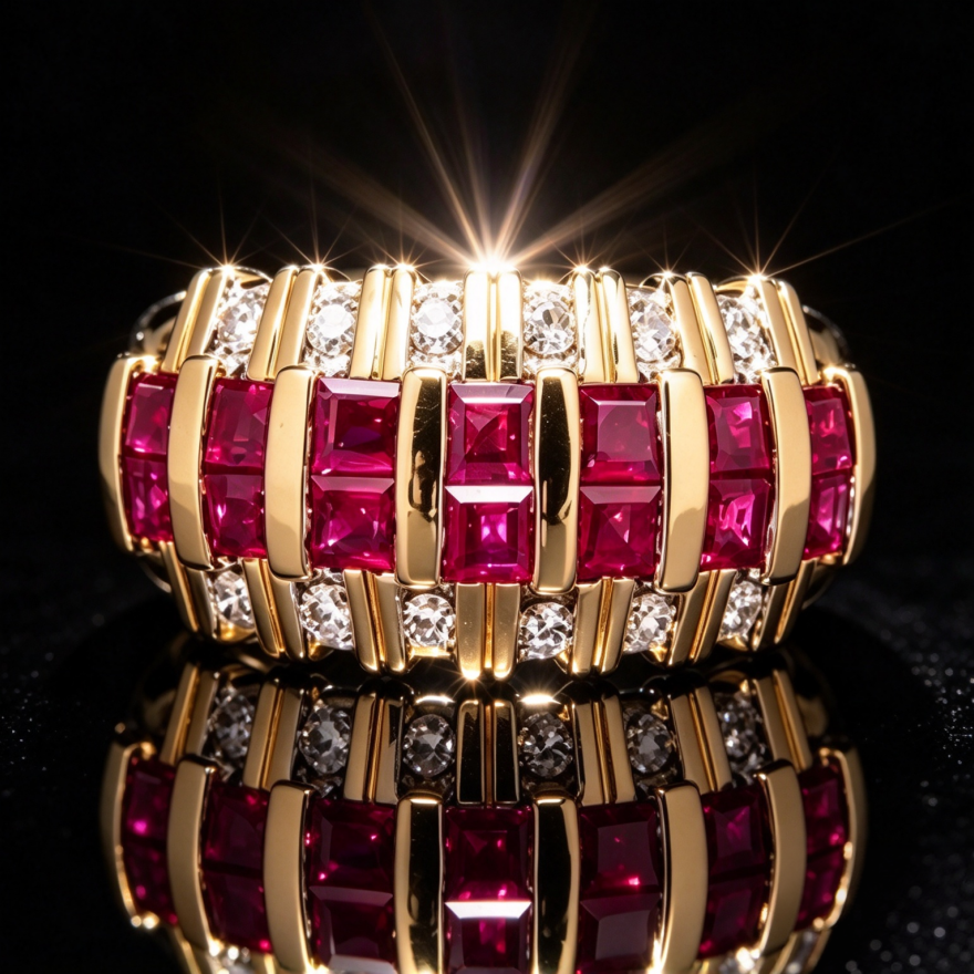 Ruby Diamond Ring Women Gold Interlocking Step Cut Red Stone Sparkling Luxury Jewelry