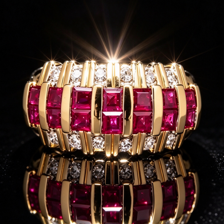 Ruby Diamond Ring Women Gold Interlocking Step Cut Red Stone Sparkling Luxury Jewelry