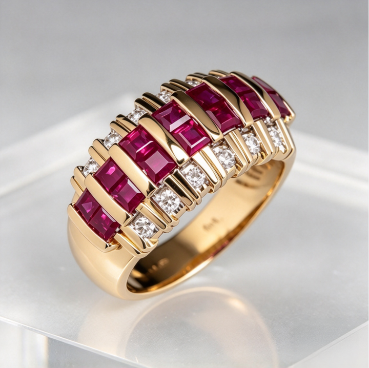 Ruby Diamond Ring Women Gold Interlocking Step Cut Red Stone Sparkling Luxury Jewelry