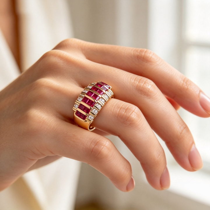 Ruby Diamond Ring Women Gold Interlocking Step Cut Red Stone Sparkling Luxury Jewelry