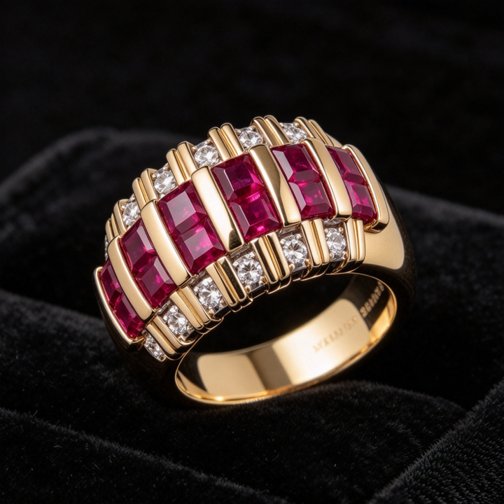 Ruby Diamond Ring Women Gold Interlocking Step Cut Red Stone Sparkling Luxury Jewelry