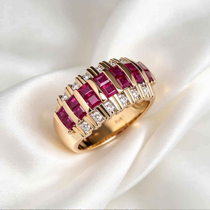 Ruby Diamond Ring Women Gold Interlocking Step Cut Red Stone Sparkling Luxury Jewelry