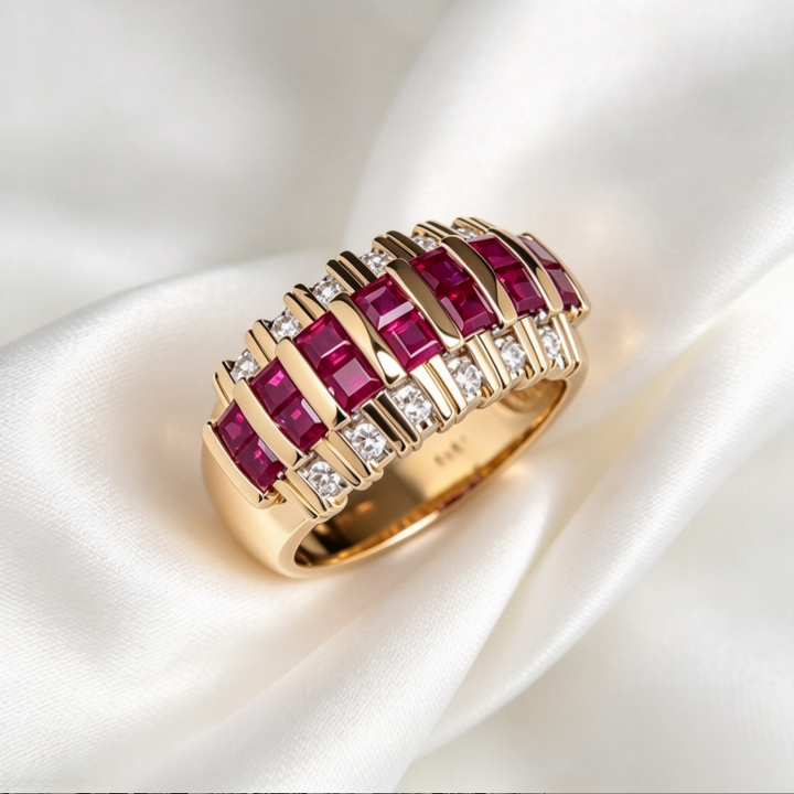 Ruby Diamond Ring Women Gold Interlocking Step Cut Red Stone Sparkling Luxury Jewelry