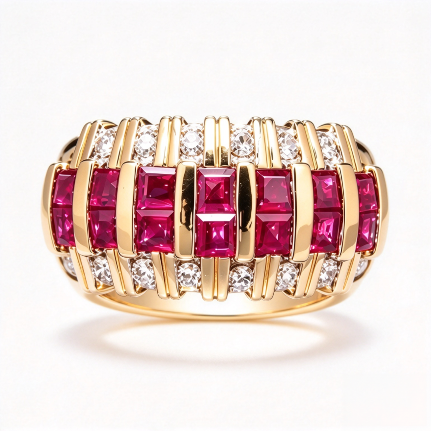 Ruby Diamond Ring Women Gold Interlocking Step Cut Red Stone Sparkling Luxury Jewelry