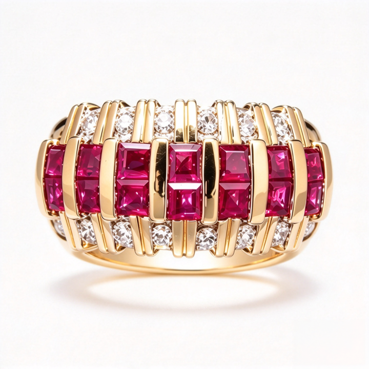 Ruby Diamond Ring Women Gold Interlocking Step Cut Red Stone Sparkling Luxury Jewelry