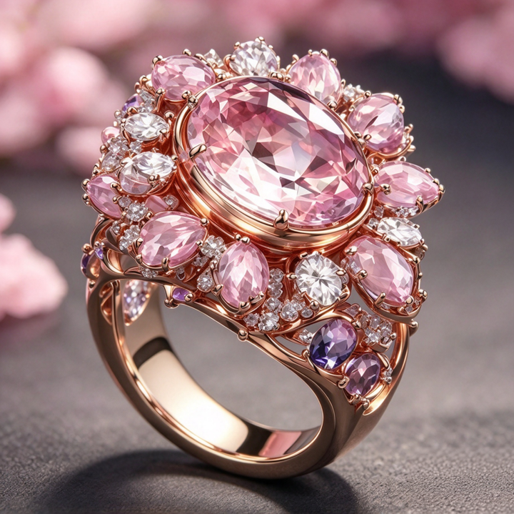 Oval Pink Purple Diamond Ring Women Rose Gold Floral Halo Sparkling Luxury Jewelry Gift