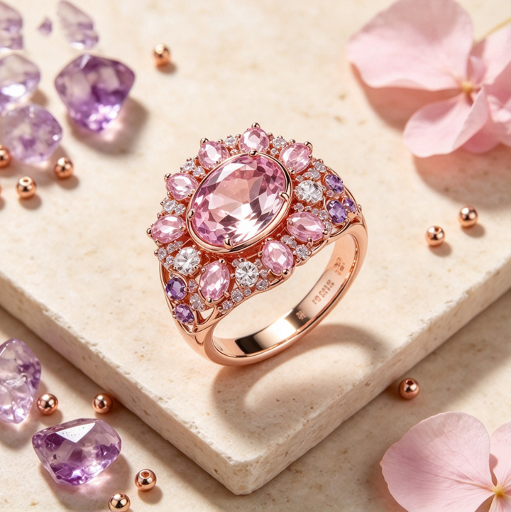 Oval Pink Purple Diamond Ring Women Rose Gold Floral Halo Sparkling Luxury Jewelry Gift