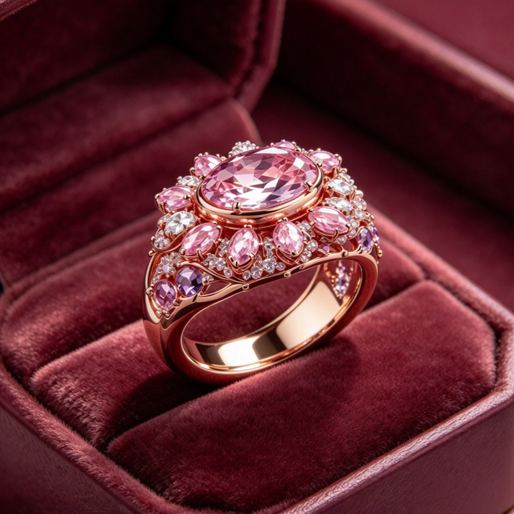 Oval Pink Purple Diamond Ring Women Rose Gold Floral Halo Sparkling Luxury Jewelry Gift