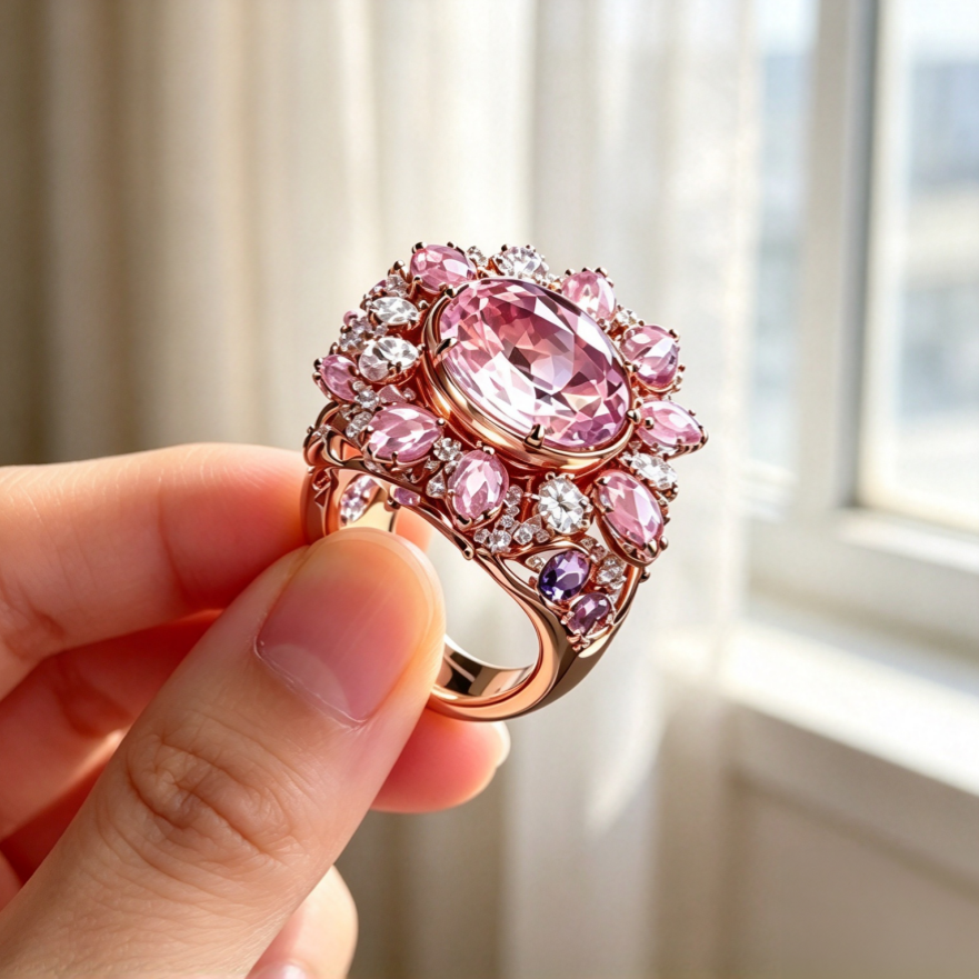 Oval Pink Purple Diamond Ring Women Rose Gold Floral Halo Sparkling Luxury Jewelry Gift