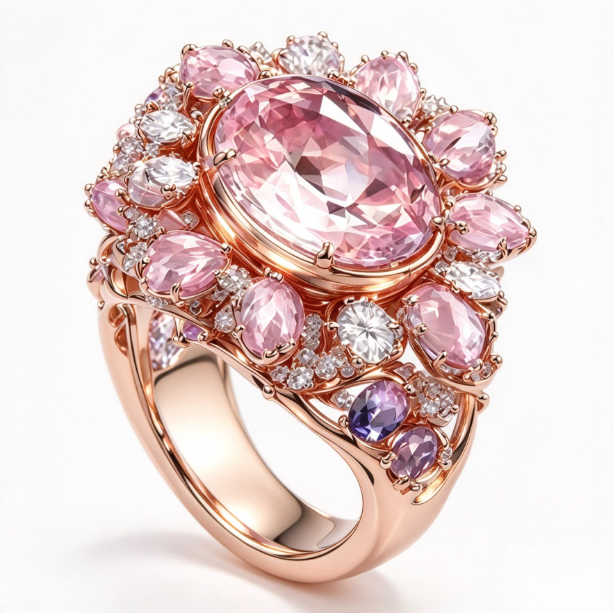 Oval Pink Purple Diamond Ring Women Rose Gold Floral Halo Sparkling Luxury Jewelry Gift