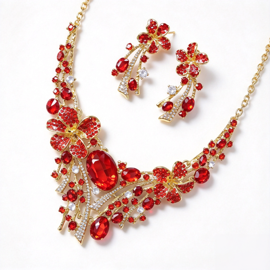 Ruby Flower Jewelry Set Women Necklace Earrings Gold Red Diamond Luxury Bridal Gift
