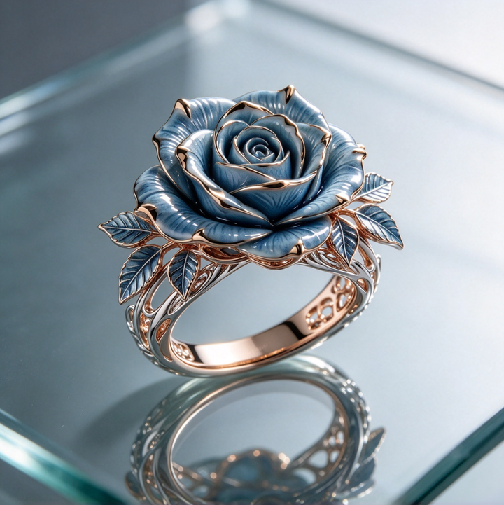 Vintage Blue Rose Enamel Hollow Ring Pure Silver Plated 18K Gold Floral Statement Ring For Women