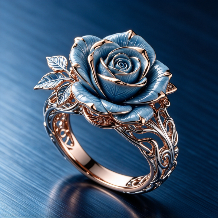 Vintage Blue Rose Enamel Hollow Ring Pure Silver Plated 18K Gold Floral Statement Ring For Women