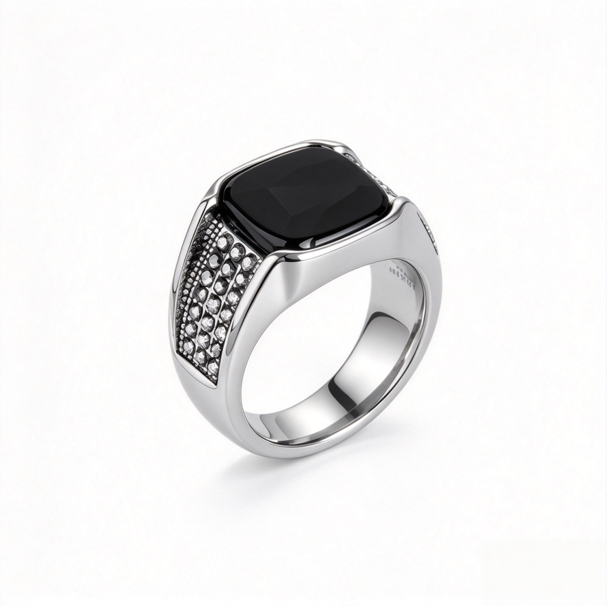 Vintage Square Black Gemstone Jewelry Signet Ring For Men Inlaid Diamond Statement Ring
