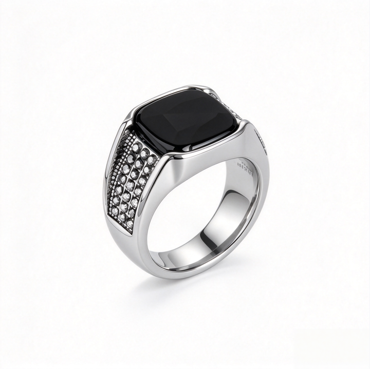 Vintage Square Black Gemstone Jewelry Signet Ring For Men Inlaid Diamond Statement Ring