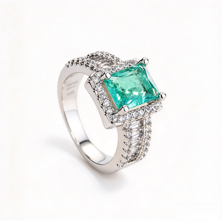 Emerald Cut Green Gem Halo Jewelry Ring Wide Band Statement Ring For Women Wedding Anniversary Gift