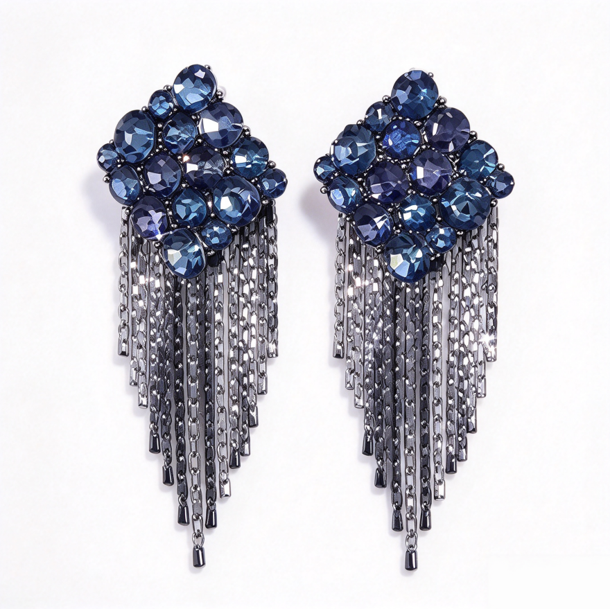 Dark Blue Diamond Cluster Tassel Drop Earrings Elegant Statement Jewelry For Women