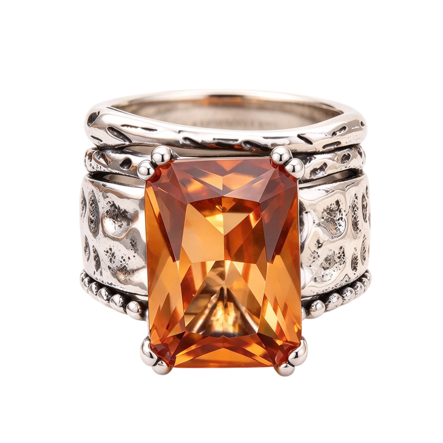 Vintage Hammered Stackable Statement Ring Square Gemstone Retro Jewelry For Men Women