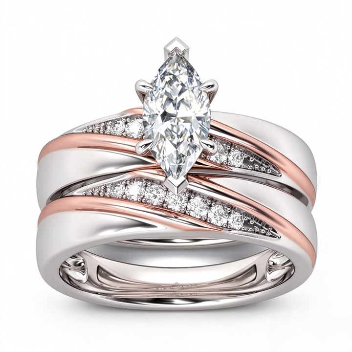 Marquise Cut Diamond Ring Set Two Tone Stackable Band Adjustable Wedding Engagement Rings For Women