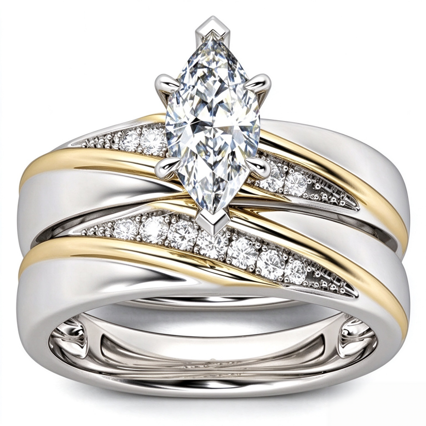 Marquise Cut Diamond Ring Set Two Tone Stackable Band Adjustable Wedding Engagement Rings For Women
