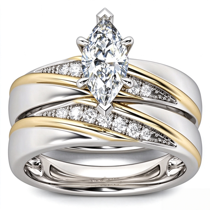 Marquise Cut Diamond Ring Set Two Tone Stackable Band Adjustable Wedding Engagement Rings For Women