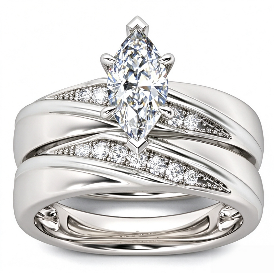 Marquise Cut Diamond Ring Set Two Tone Stackable Band Adjustable Wedding Engagement Rings For Women