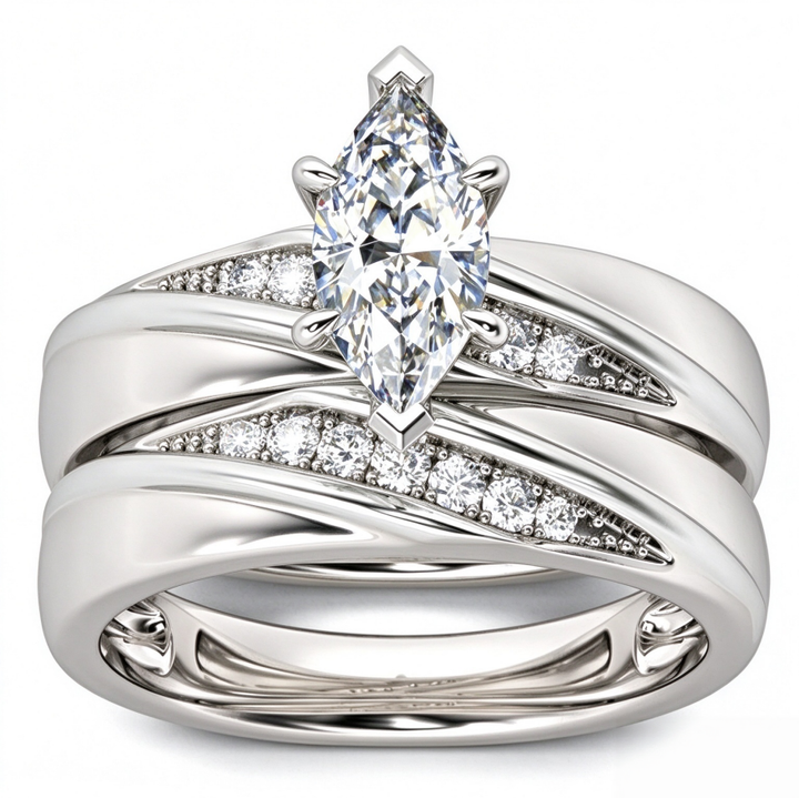 Marquise Cut Diamond Ring Set Two Tone Stackable Band Adjustable Wedding Engagement Rings For Women