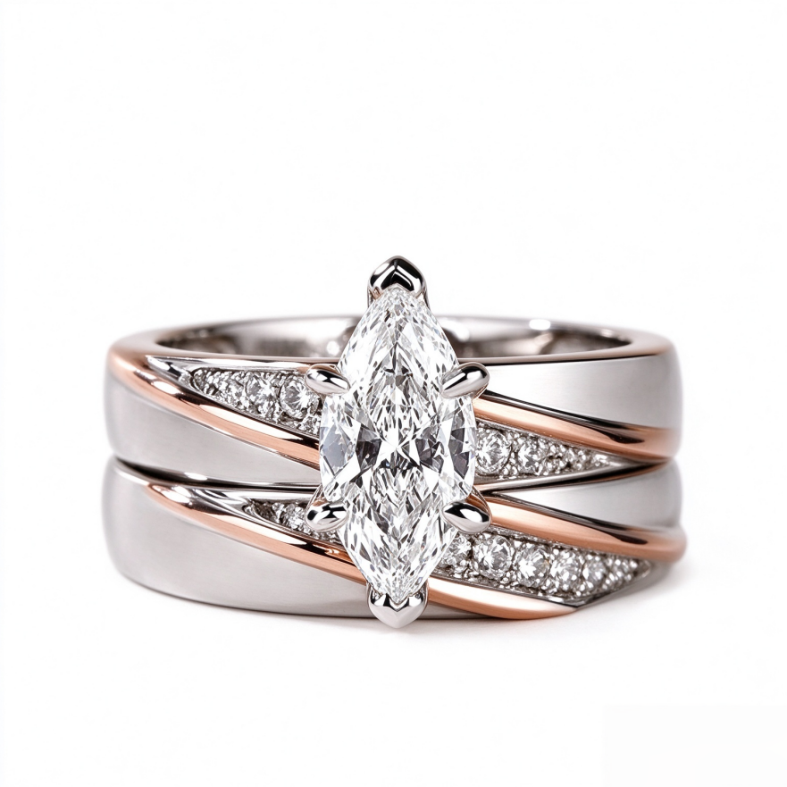 Marquise Cut Diamond Ring Set Two Tone Stackable Band Adjustable Wedding Engagement Rings For Women