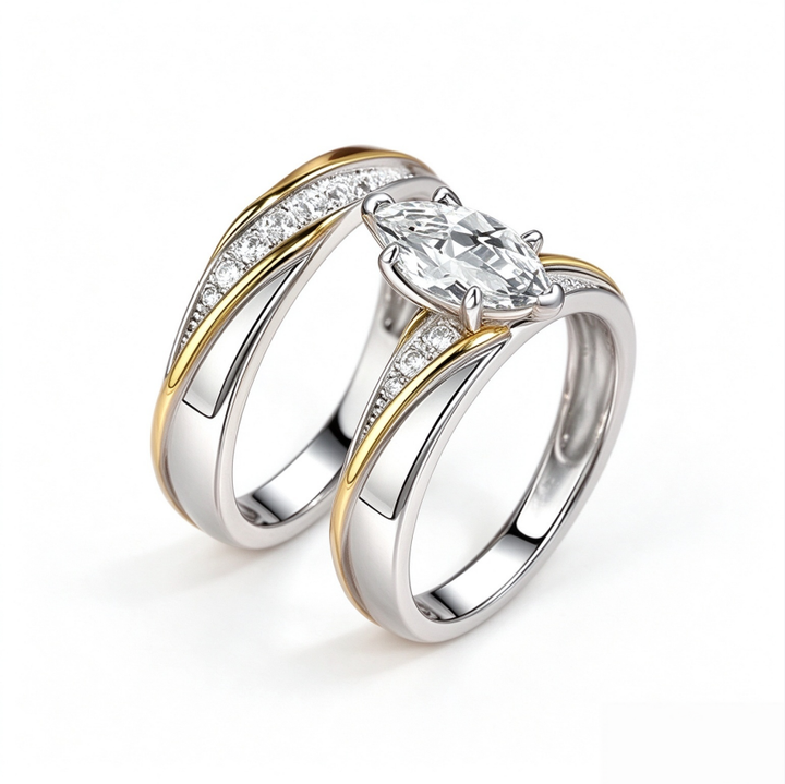 Marquise Cut Diamond Ring Set Two Tone Stackable Band Adjustable Wedding Engagement Rings For Women