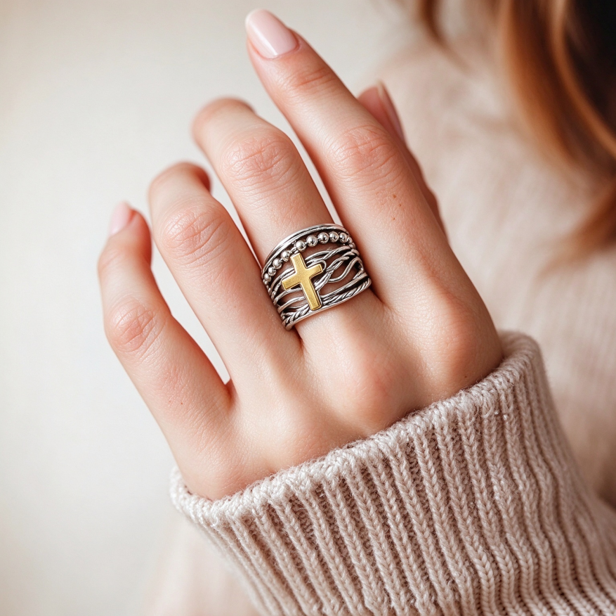 Cross Multi Band Wide Statement Ring Two Tone Layered Twisted Band Faith Religious Jewelry For Women Men