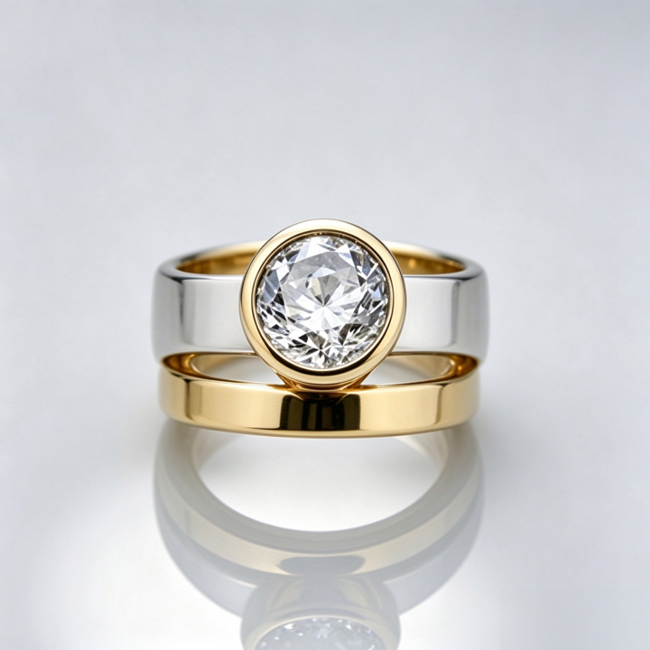 Two Tone Stackable Diamond Ring Set Bezel Set Round Diamond Solid Silver Matching Wedding Band Rings For Couple
