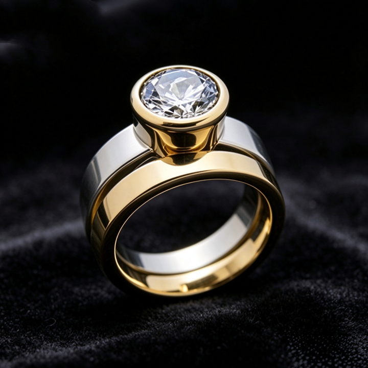 Two Tone Stackable Diamond Ring Set Bezel Set Round Diamond Solid Silver Matching Wedding Band Rings For Couple