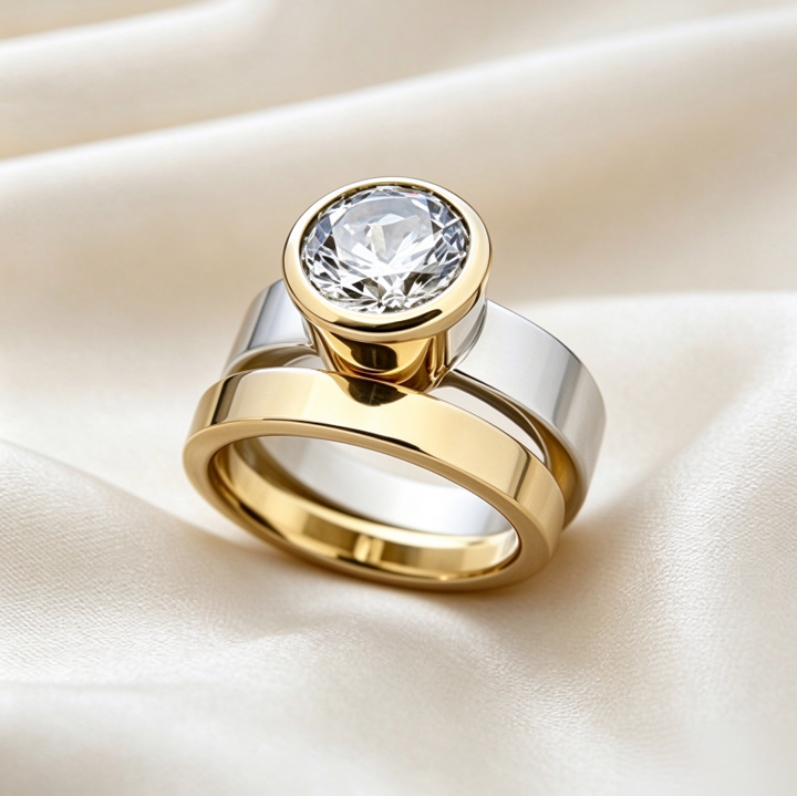 Two Tone Stackable Diamond Ring Set Bezel Set Round Diamond Solid Silver Matching Wedding Band Rings For Couple