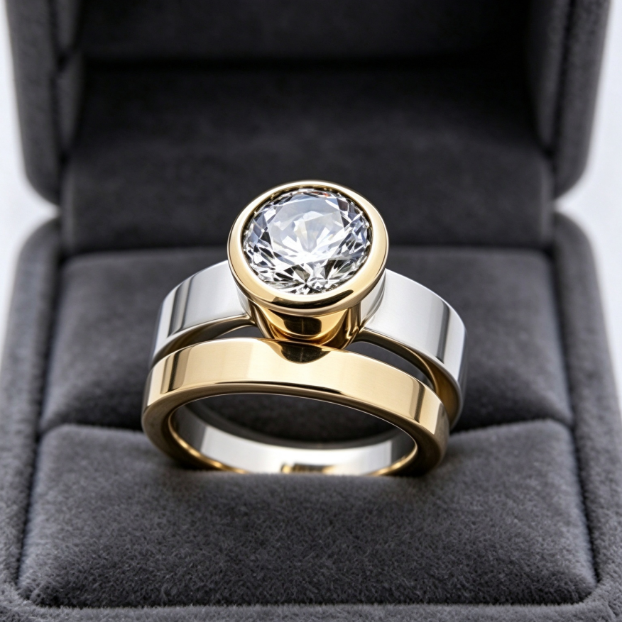 Two Tone Stackable Diamond Ring Set Bezel Set Round Diamond Solid Silver Matching Wedding Band Rings For Couple