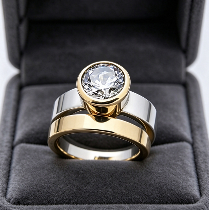 Two Tone Stackable Diamond Ring Set Bezel Set Round Diamond Solid Silver Matching Wedding Band Rings For Couple