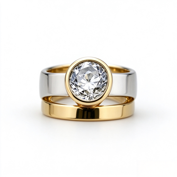 Two Tone Stackable Diamond Ring Set Bezel Set Round Diamond Solid Silver Matching Wedding Band Rings For Couple