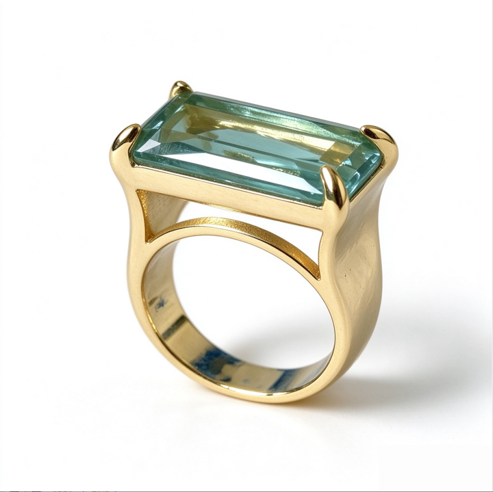 Rectangular Aquamarine Tone Gemstone Ring Four Prong Setting Solid Silver 18K Gold Finish Statement Ring For Women