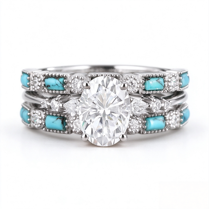 Oval Cut Diamond Turquoise Bridal Ring Set For Women Engagement Wedding Stackable Promise Jewelry