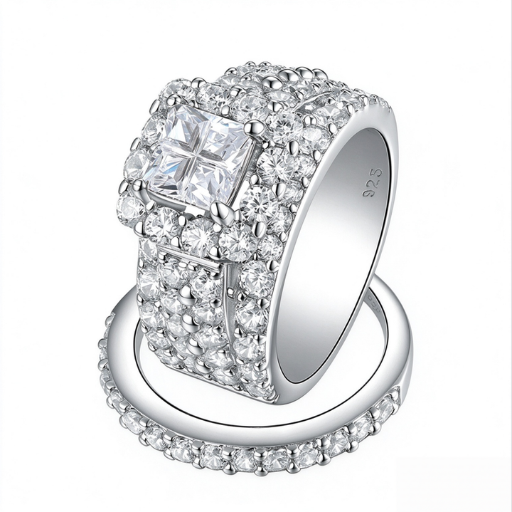 Halo Diamond Ring Set Women Stackable Wedding Band Bridal Promise Statement Engagement Two Piece Jewelry