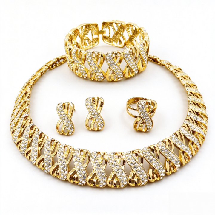 Diamond Twisted Interwoven Jewelry Set 4 Pcs Statement Necklace Bracelet Earring Ring Formal Wedding Bridal Jewelry For Women