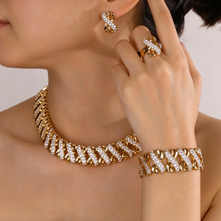 Diamond Twisted Interwoven Jewelry Set 4 Pcs Statement Necklace Bracelet Earring Ring Formal Wedding Bridal Jewelry For Women