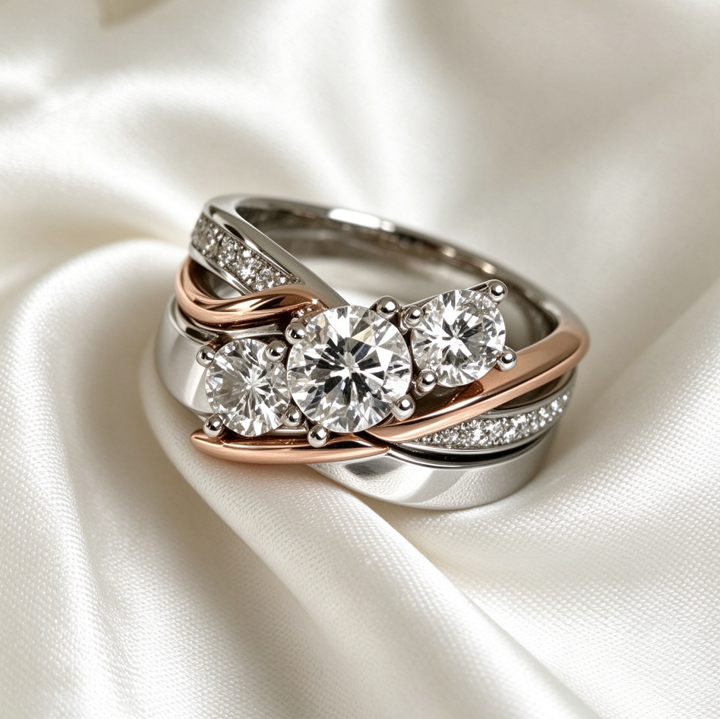 Twisted Three Stone Diamond Ring Two Tone Interwoven Band Bridal Engagement Statement Ring Wedding Jewelry