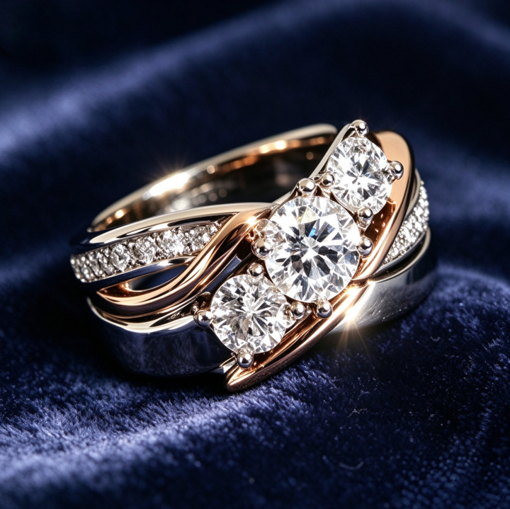 Twisted Three Stone Diamond Ring Two Tone Interwoven Band Bridal Engagement Statement Ring Wedding Jewelry