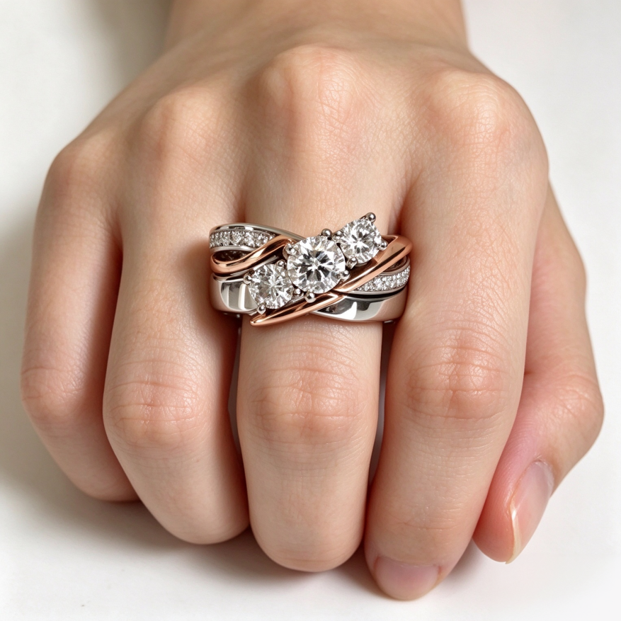 Twisted Three Stone Diamond Ring Two Tone Interwoven Band Bridal Engagement Statement Ring Wedding Jewelry