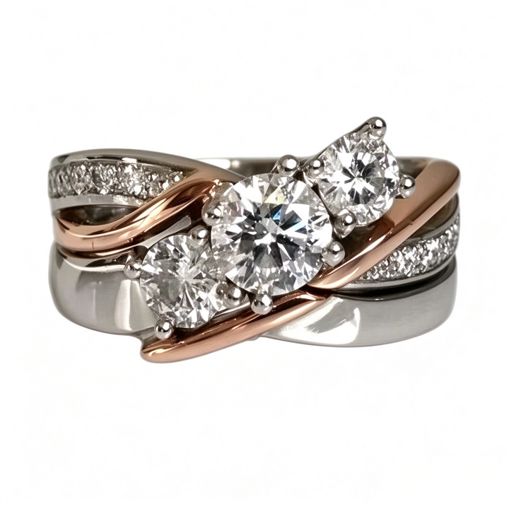 Twisted Three Stone Diamond Ring Two Tone Interwoven Band Bridal Engagement Statement Ring Wedding Jewelry