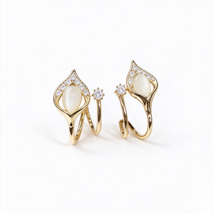 Calla Lily Diamond Ear Cuff Earrings Dual Piece Cat's Eye Statement Earrings Elegant Stackable Ear Jewelry For Women Formal Daily Wear