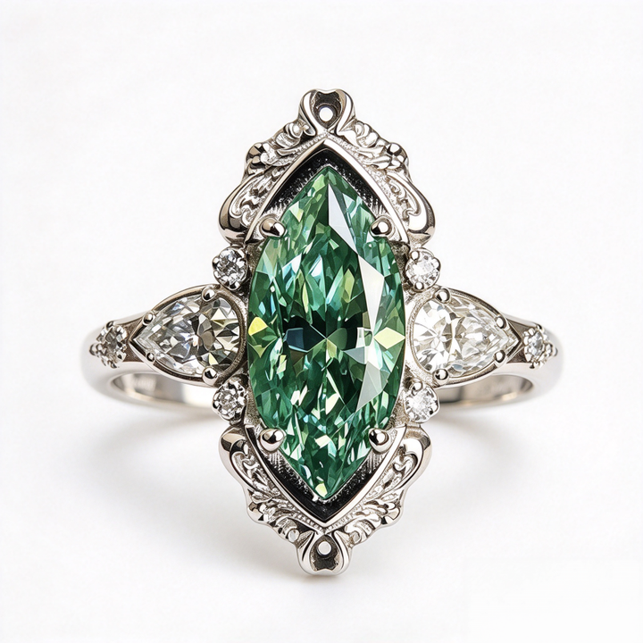 Vintage Marquise Green Diamond Statement Ring Ornate Filigree Three Stone Engagement Ring Antique Art Deco Wedding Ring Fine Jewelry