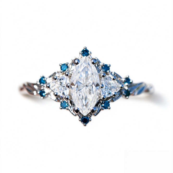 Marquise Diamond Three Stone Engagement Ring With Accent Blue Gemstones Twisted Band Vintage Halo Promise Ring Bridal Statement Jewelry