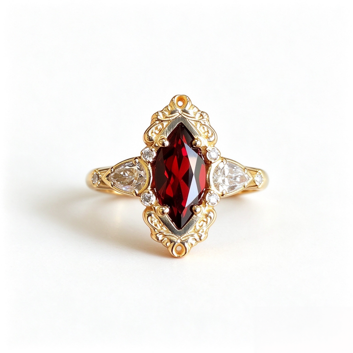Vintage Marquise Red Gemstone Three Stone Ring Ornate Filigree Halo Diamond Accent Promise Ring Antique Gothic Bridal Statement Ring